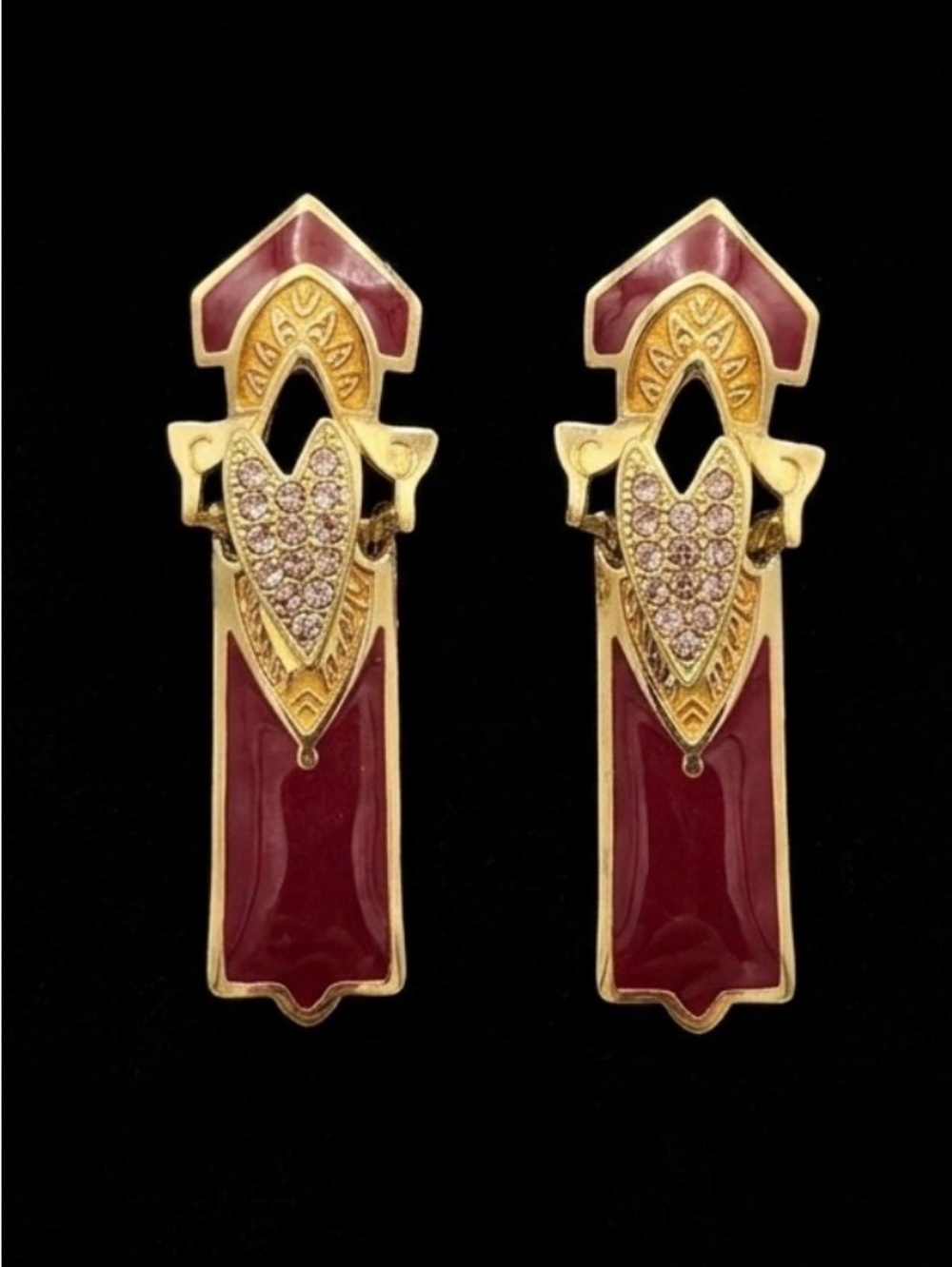 #196 EDGAR BEREBI Vintage Art Deco Revival Gold-tone & Red Enamel Earrings